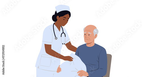 Caring nurse comforting senior man with blanket, showing empathy and support in healthcare, a compassionate moment, medical assistance and geriatric support.