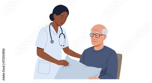 Compassionate caregiver comforts senior man holding pillow, offering gentle support and medical assistance with stethoscope for elderly care concept