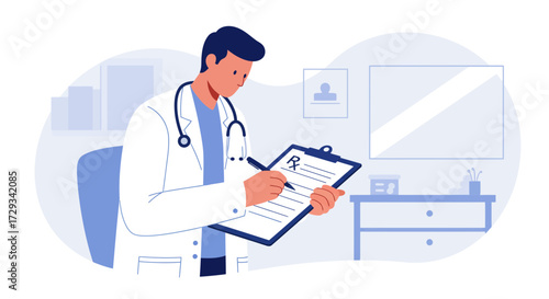Dedicated doctor writing prescription on clipboard, providing healthcare and medical treatment with care, perfect for clinics and telehealth marketing