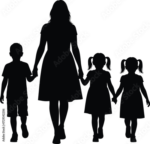 Family silhouette walking together, mother with children, parenting concept, unity, love, childhood, guardianship, togetherness, black and white design, illustration art