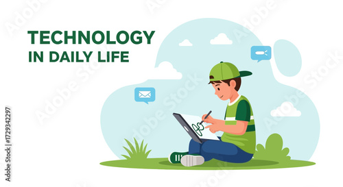 A Modern Illustration Of Daily Technology Usage Depicting Connected Communication and Interaction