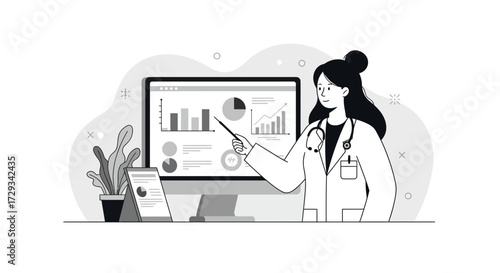 Confident doctor presenting complex medical data analysis and research findings with clear financial insights and patient care metrics on screen