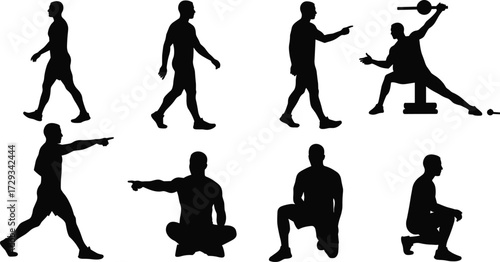 Silhouettes of men in various poses, walking, sitting, pointing, and exercising, representing everyday life and activities, isolated on white