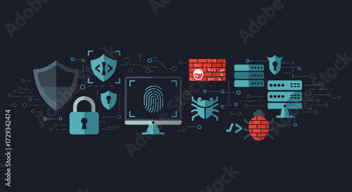 A robust flat design illustration presenting a collection of icons focused on cybersecurity and data protection.
