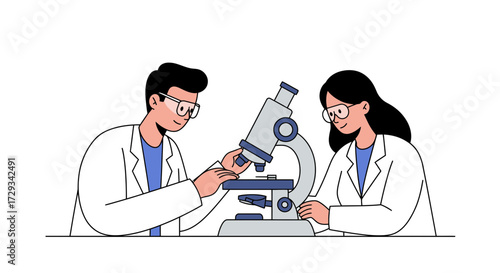 Dedicated scientists collaborate on groundbreaking research using a microscope, fostering innovation and discovery in a modern lab setting.