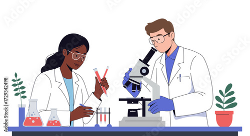 Scientists collaborate in modern lab, examining samples with microscope and test tubes, advancing research and discovery