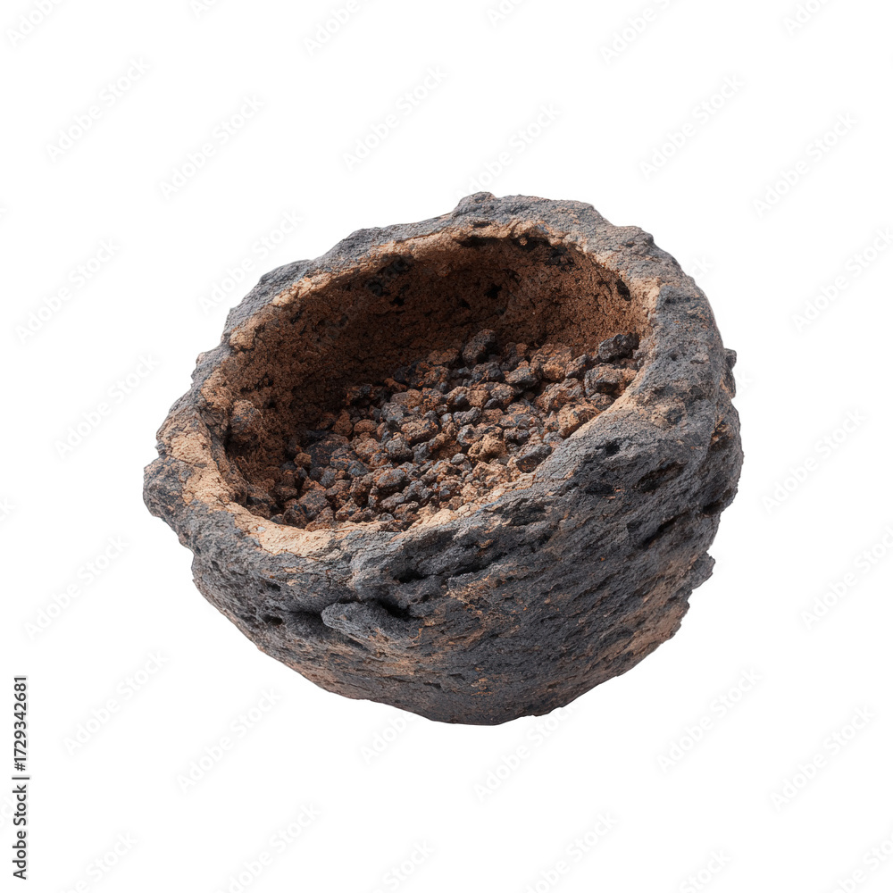 Obraz premium A rough, porous, dark gray volcanic rock with a hollowedout center filled with small pebbles, isolated on a transparent background