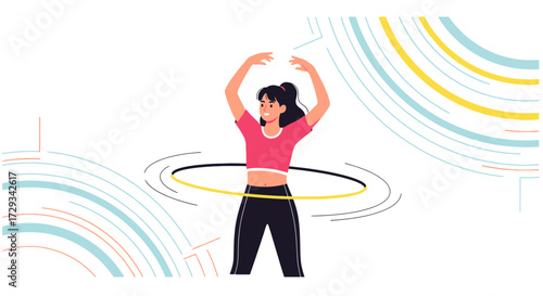 Active Female Athlete With Energetic Hula Hoop Movement, Vibrant And Bright, Joyful