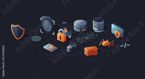A robust flat design illustration presenting a collection of icons focused on cybersecurity and data protection.