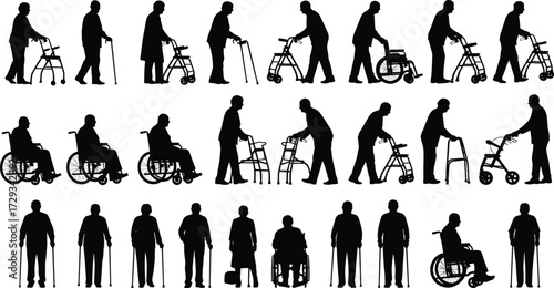 Elderly silhouettes, senior people, mobility aids, wheelchair users, walking cane, walker support, rollator assistance, healthcare concept, aging population, disability support, accessibility design