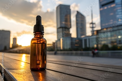 Amber Oil Dropper Bottle on Wooden Surface with Sunset Cityscape