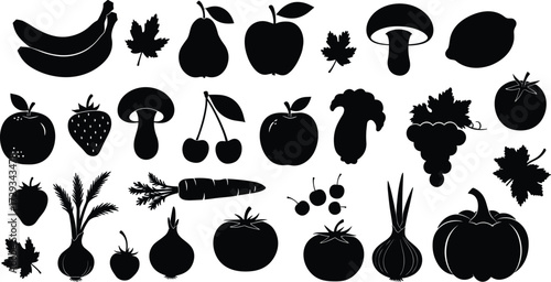 Fruit silhouettes, vegetable silhouettes, healthy food icons, black vector art, farm produce, organic nutrition, fresh diet, natural food, agriculture design, kitchen illustration