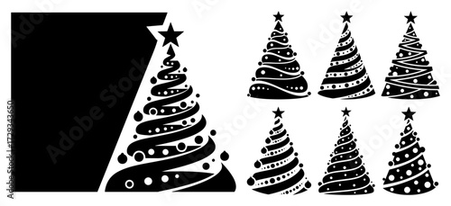 Christmas Trees Set and a Card Template black shape vector laser cutting engraving monochrome print