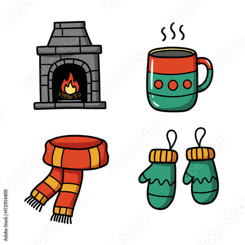 Cozy fireplace, mug of hot drink, scarf, and mittens in winter  