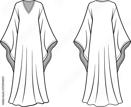 Women’s kaftan dress CAD flat sketch, fashion technical drawing, vector clothing illustration with wide sleeves, loose fit, elegant garment template
