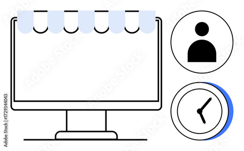 Computer monitor with awning showcasing online store concept, user profile and clock emphasizing accessibility. Ideal for ecommerce, business, time management, customer service, retail, scheduling