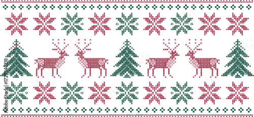Christmas cross stitch pattern, reindeer and tree design, festive holiday embroidery, traditional winter decoration, handmade needlework style, Scandinavian snowflake motif