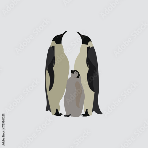 Two cute penguins standing on a rock and branch in winter nature illustration
