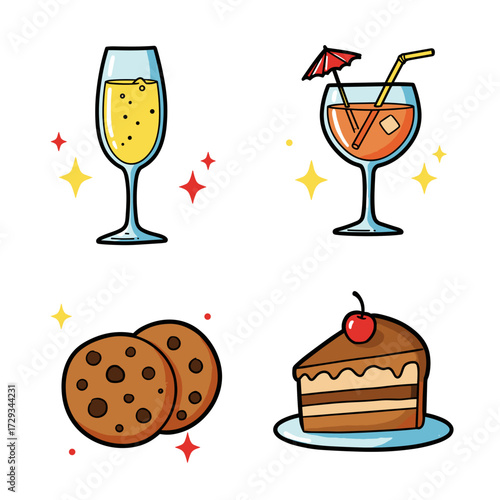 Colorful drinks and desserts with sparkles on white background