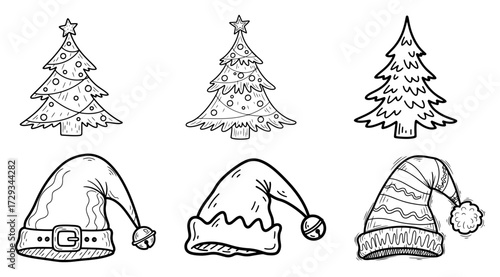 Hand Drawn Christmas Trees and Santa Hats