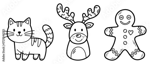 Cute Christmas Characters Doodle Set for Coloring
