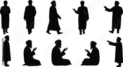 Silhouettes of a man in traditional attire, in various poses, standing, walking, kneeling, and pointing, isolated on a white background