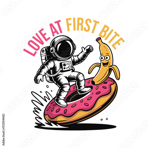 Astronaut surfing donut with smiling banana, love at first bite t-shirt design