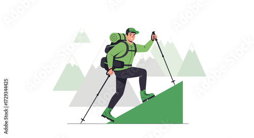 Adventurous Hiker Ascends Steep Hill Toward Mountain Ranges in Beautiful Wilderness