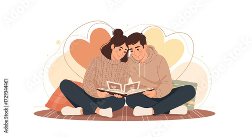 Affectionate Duo Enjoying a Moment Sharing Memories and Displaying an Album Together