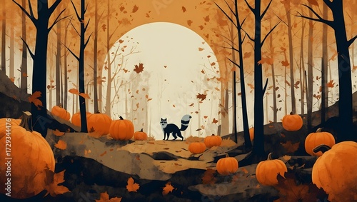 Bold pop-art autumn forest with badger and squirrel silhouettes.