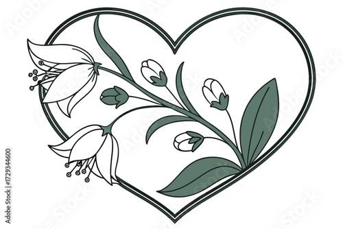  heart shaped frame,green leaf heart,minimalist floral design,white background,studio shot,clean composition,natural elements,organic shapes,simplistic,elegant