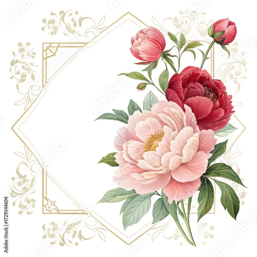 Floral frame. Pink, red peonies, leaves, decorative borders, and embellishments on a white background