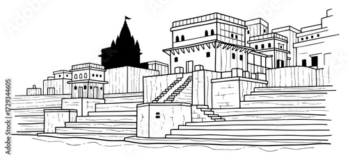 Varanasi Ghats on The Ganges River Sketch