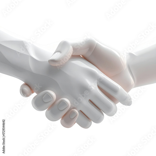 Rendered  shows two hands clasped in a firm handshake, showcasing a glossy white finish against a stark black backdrop, highlighting the interaction of two individuals, symbolizing agreement and...