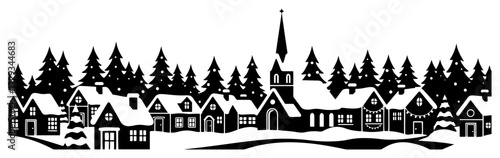 Snowy Christmas Village at Night Winter Scene Black Shape Vector Laser Cutting Engraving Monochrome Print