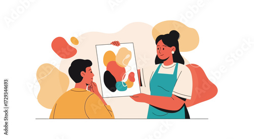 Artist Presenting Abstract Artwork To A Curious Observer For Contemplation, Artistry Visuals