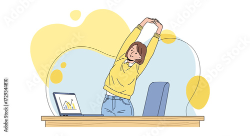 Businesswoman Relaxing And Stretching At Workstation, Breaks, And Office Routine Activities