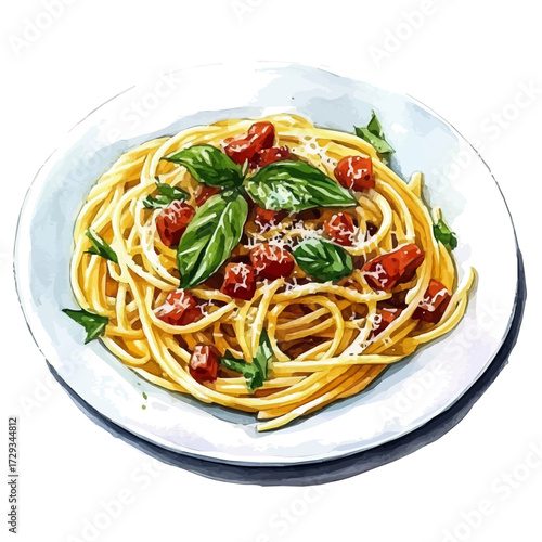Spaghetti Carbonara, watercolor painting vector, isolated on a white background.
