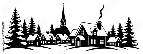 Winter Christmas Village Silhouette Scene