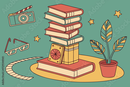  a vibrant, whimsical still life composition featuring a levitating stack of books, a potted plant, and various eclectic objects on a teal background, magical realism, surreal, dreamlike, cinematic 