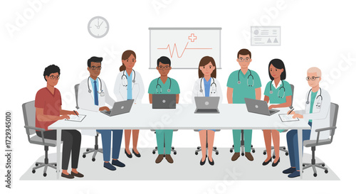 Dedicated medical team collaborates in modern meeting room discussing patient care and healthcare advancements with technology