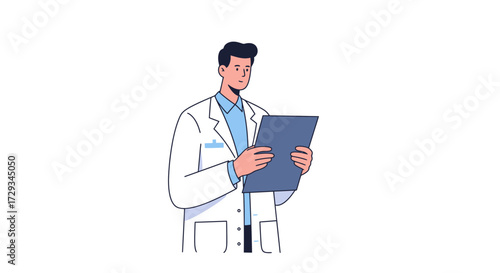 Professional doctor reviewing patient chart with focused expression, conveying care and expertise for medical consultations and healthcare.