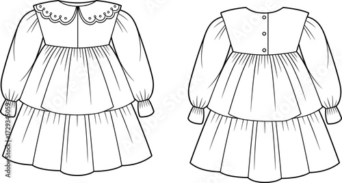 Cute baby girl dress flat fashion sketch, children clothing cad drawing, vector illustration, apparel design template with puff sleeve style