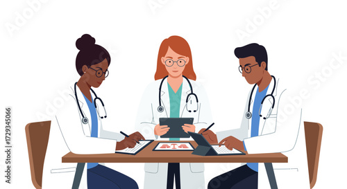 Diverse medical team collaborates on patient care and research, discussing data and charts with focus and professionalism