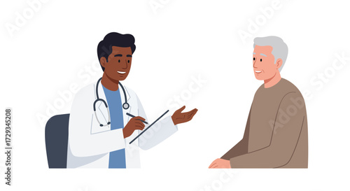 Friendly doctor consulting with senior patient, discussing health concerns and providing medical advice in a calm, reassuring setting
