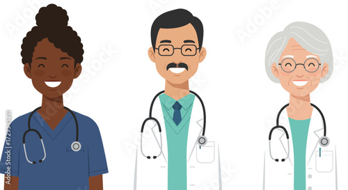 Smiling medical professionals ready to provide care, nurse and doctors with stethoscopes, positive healthcare team ready to assist patients