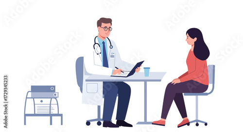 Caring doctor consults with patient discussing health concerns in modern medical office for professional healthcare representation