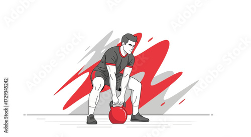 Athlete Performing Kettlebell Exercise in Vector Style with Dynamic Red Background