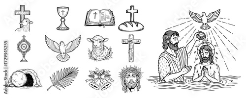 Big Collection of Christian Religion Symbols in a Sketch Style