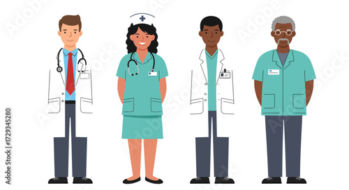 Professional medical team of doctors and nurses ready to provide healthcare services in a modern hospital setting with diverse staff